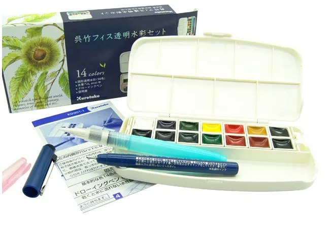 ZIG Kuretake Transparent Watercolor Paints Set 14 Colors with Water Brush Japan