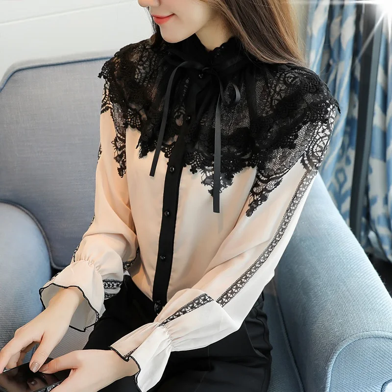 2017 Autumn Long Flare Sleeve Stand Collar Bow Tie Chiffon