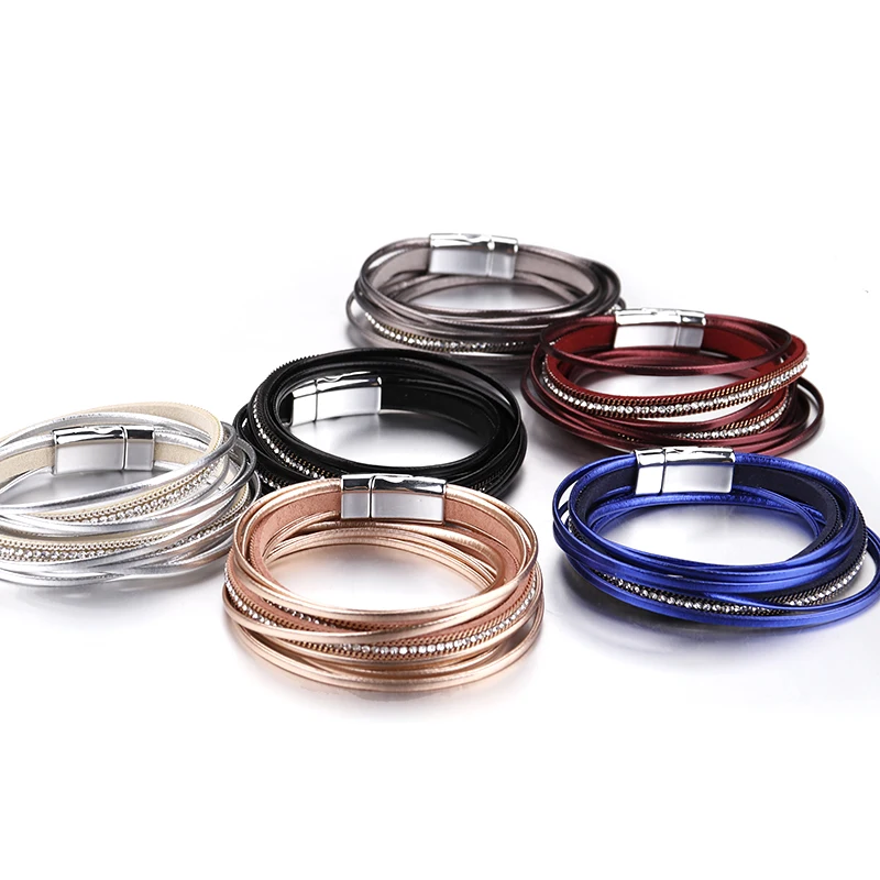 ALLYES Multilayer Leather Bracelets Women Men Femme 6 Colors Magnet Clasp Crystal Bohemian Double Wrap Bracelet Jewelry