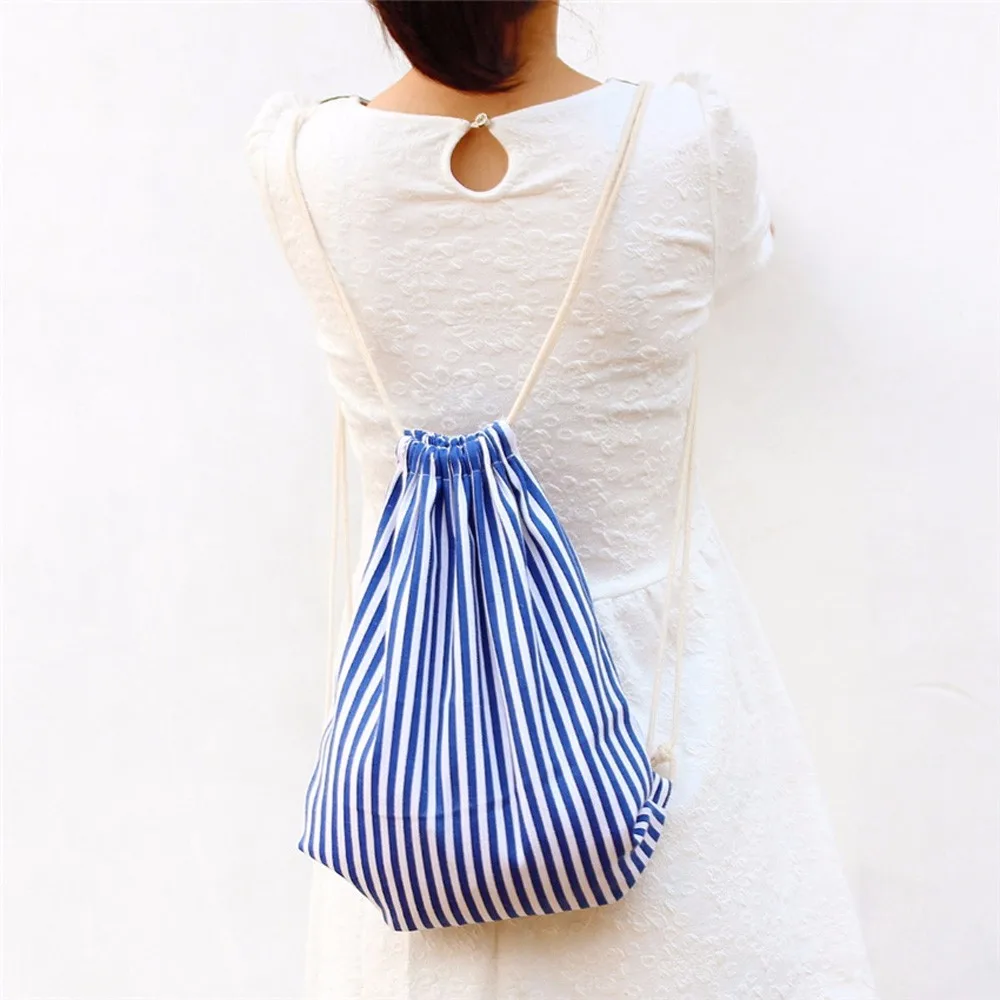 

Women Stripe Drawstring Beam Port Backpack Shopping Bag Travel Bag shoes pocket pouch outdoor sports bag worek plecak sznurek er