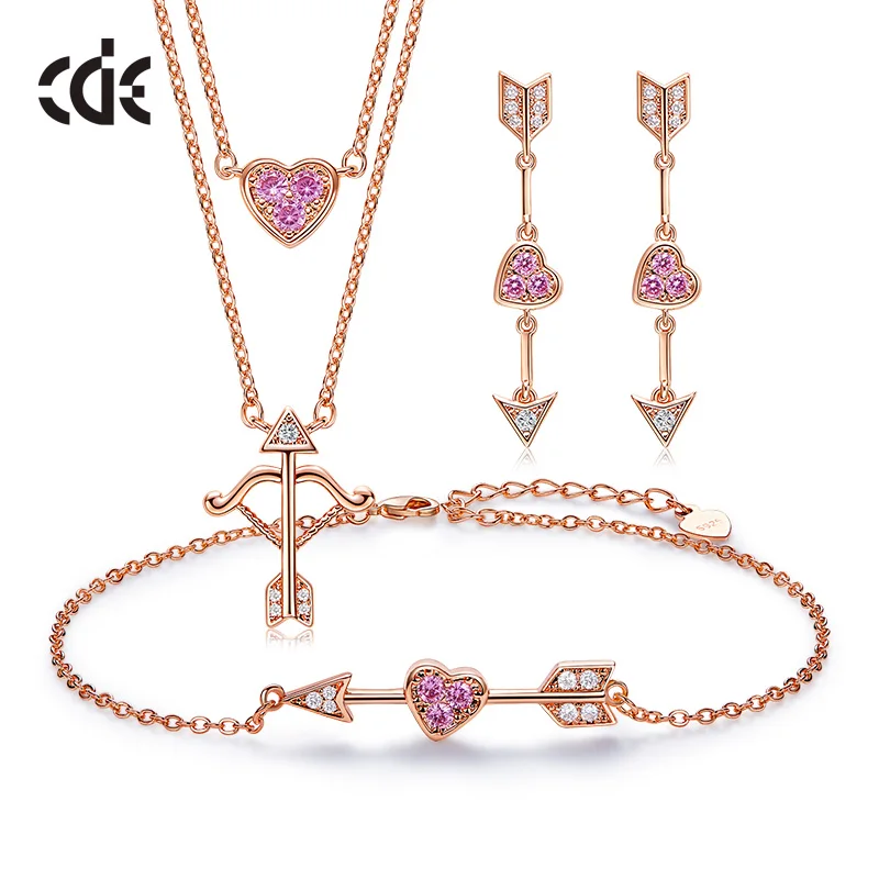 

CDE 925 Sterling Silver Jewelry Set Cupid's Cubic Zirconia Women Heart 18K Rose Gold Necklace Earring Bracelet Set Jewelry Gift
