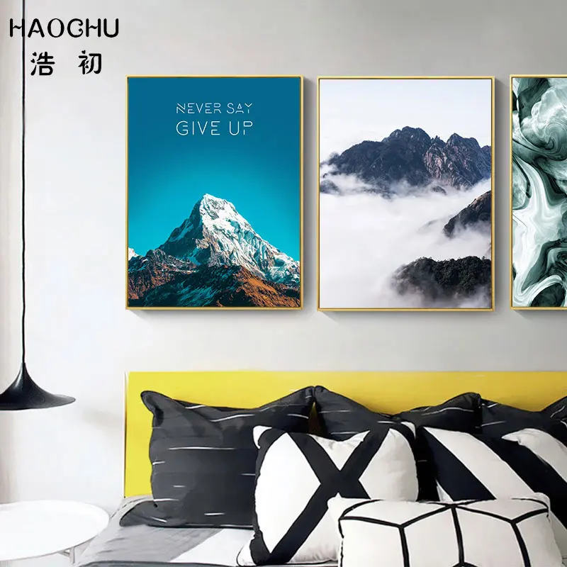 

HAOCHU Art Poster Snow Mountain Cloud Cliffs NEVER SAY UP Inspirational Abstract Blue White Texture Print Art Home Decor Picture