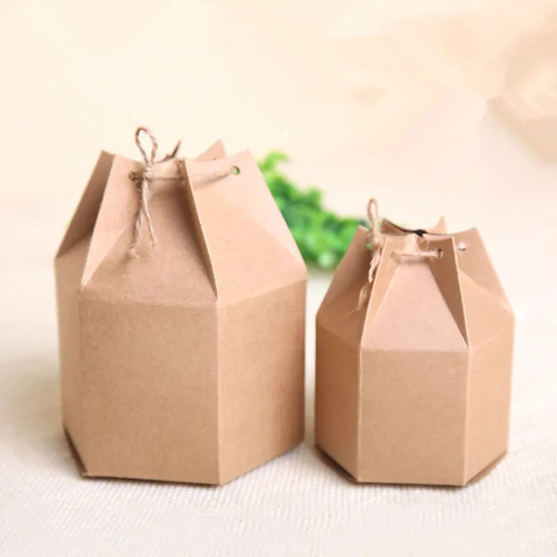 

Retail 50Pcs/Lot 4.5*9*11cm 1.77"x3.54"x4.33" Gift Kraft Paper Pack Boxes With Rope Nuts Tea Hexagon Stand Up Kraft Package Box