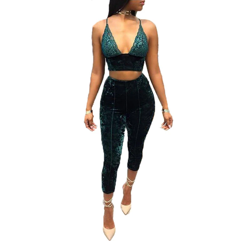 

XLLAIS Fall 2018 Snug Fabric Velvet Two Piece Set Tracksuit For Women Lace Strap Crop Tops Mid-Calf Pants Sets Conjunto Feminino