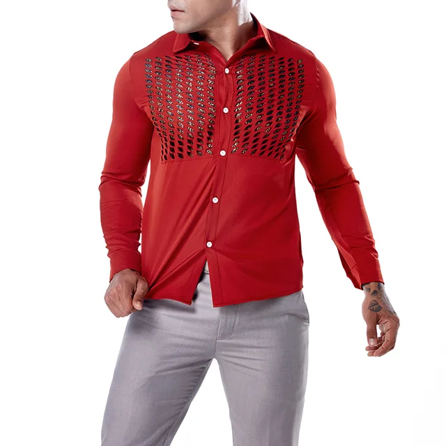 Red Hollow Shirt Men 2018 Autumn Mesh Mens Dress Shirts Casual Slim Fit