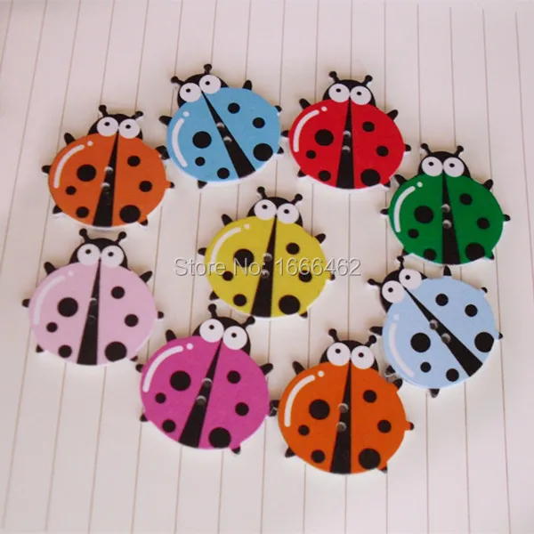 

50 Mixed Wood Sewing Buttons Scrapbooking 2 Holes Flower Ladybug Shape 29mm For DIY