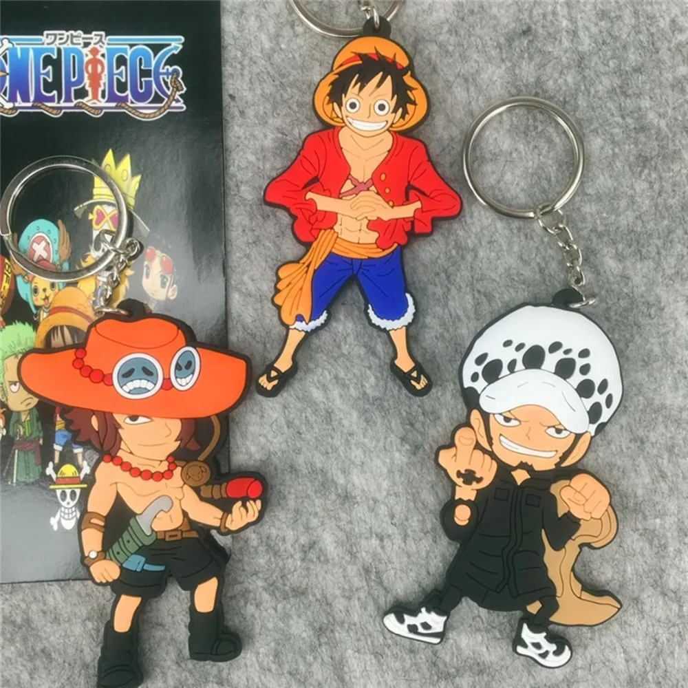 

Japanese Anime One piece Luffy PVC key chains Law Ace fashion funny pendant jewelry porte clefs brelok do kluczy kids toys gifts