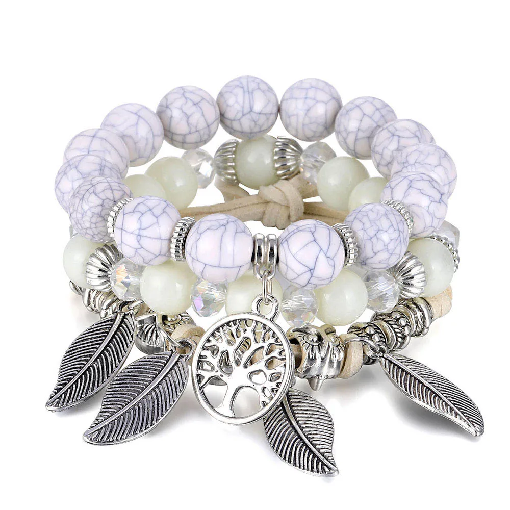 Классический Набор браслетов «Древо жизни» для женщин, многослойный винтажный браслет из натурального камня в виде листьев, браслеты и браслеты, ювелирные изделия, подарки - Окраска металла: S358-2