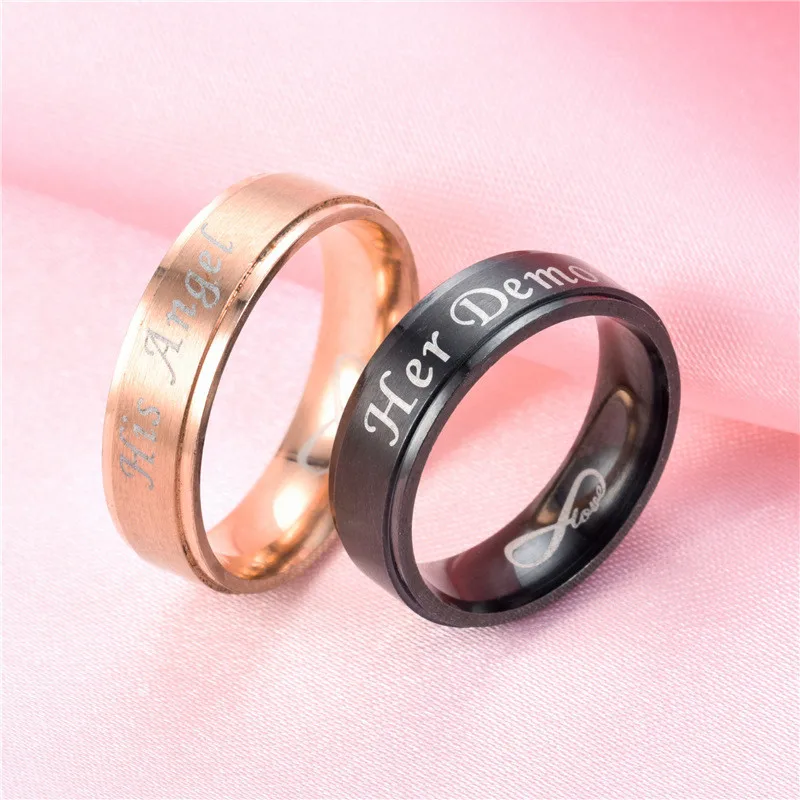 KLEEDER Stainless Titanium Steel Couple Rings Black Her Demon His Angel Lovers' Fashion Jewelry Anniversary Valentine's Day Gift