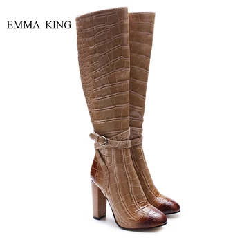 

EMMA KING Crocodile Pattern Women Knee High Boots Fashion Buckle Strap Chunky High Heels Spring Autumn Botas Mujer Ladies Shoes