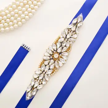 

Luxurious Gold Crystal Wedding Belt Rhinestones Ribbons Bridal Belt With Pearls Sash For Wedding A113G