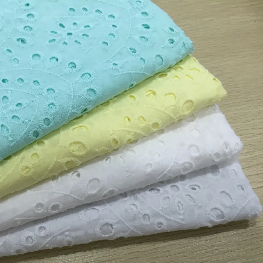 

4Colors blue yellow off white snow white top quality 100%Cotton fabric cotton lace embroidered cotton fabric for home decoration