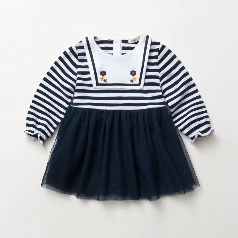 2017 New Spring Baby Girl Navy Blue Dress Baby Stripped Stitching Yarn