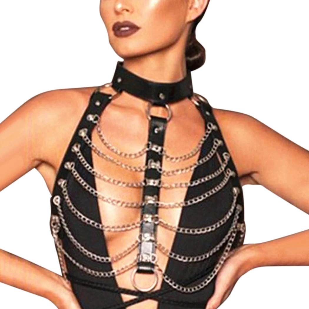 

Women Gothic Body Chain Corset Fashion Sexy Halter Belts Body PU Leather Harness Metal Chain Top Erotic Bandage Body Belt Black