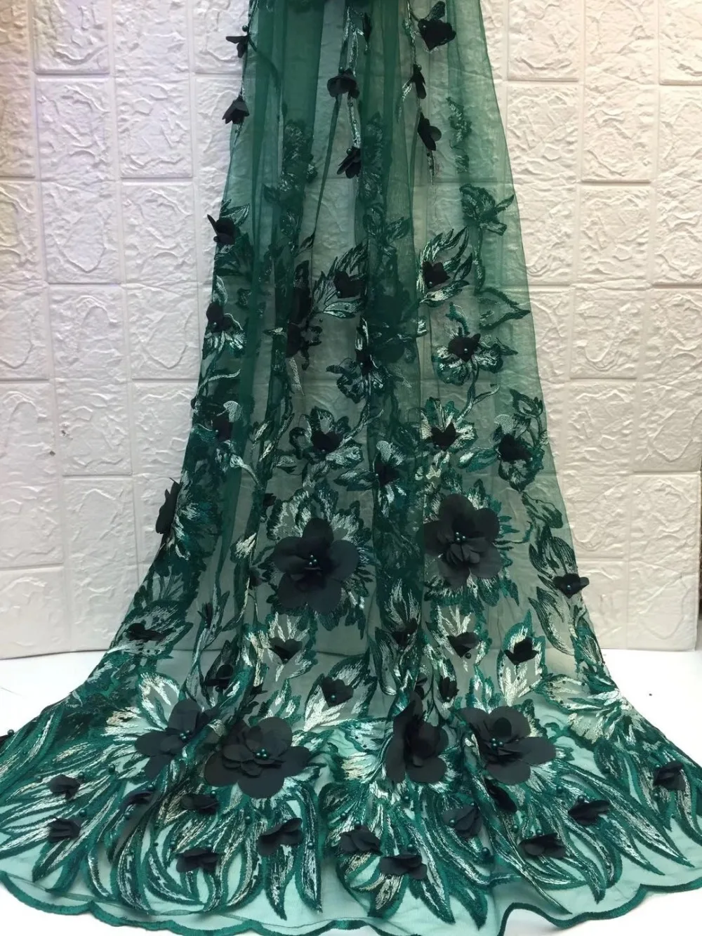 

French lace fabric 5yds/pce dhl green 3d soft petals stones beads mesh fabrics women gorgeous luxury party event aseobi dress