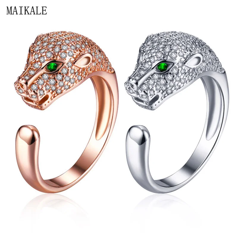 

MAIKALE Luxury Rose Gold Adjustable Ring Cubic Zirconia Leopard Rings for Women Open Finger Band Fashion Jewelry Halloween Gift