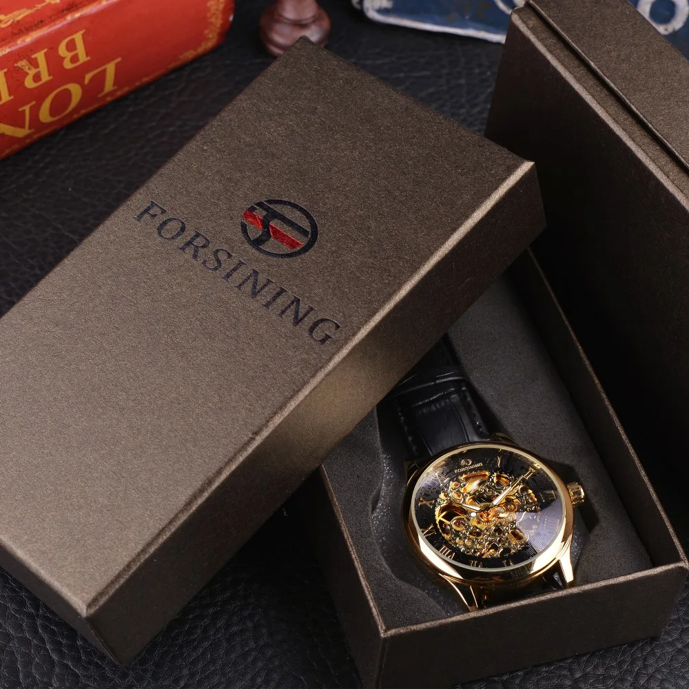 Forsining Retro Classic Design Roman Number Display Transparent Case Mechanical Skeleton Watch Men Watch Top Brand Luxury Clcok