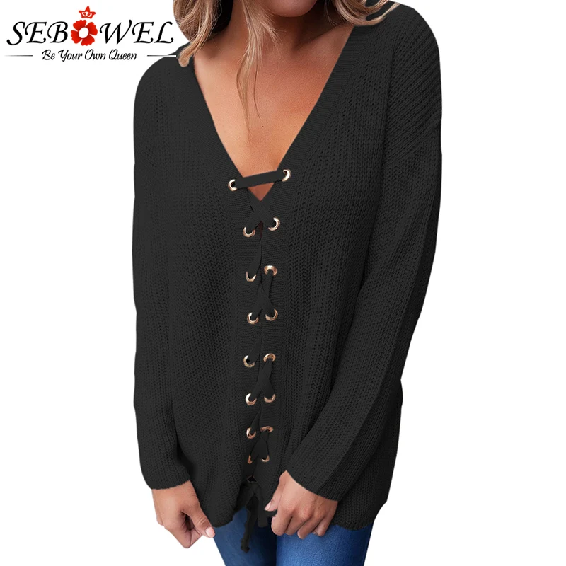 Black-Sexy-V-Neck-Lace-up-Front-Sweater-LC27738-2-1 