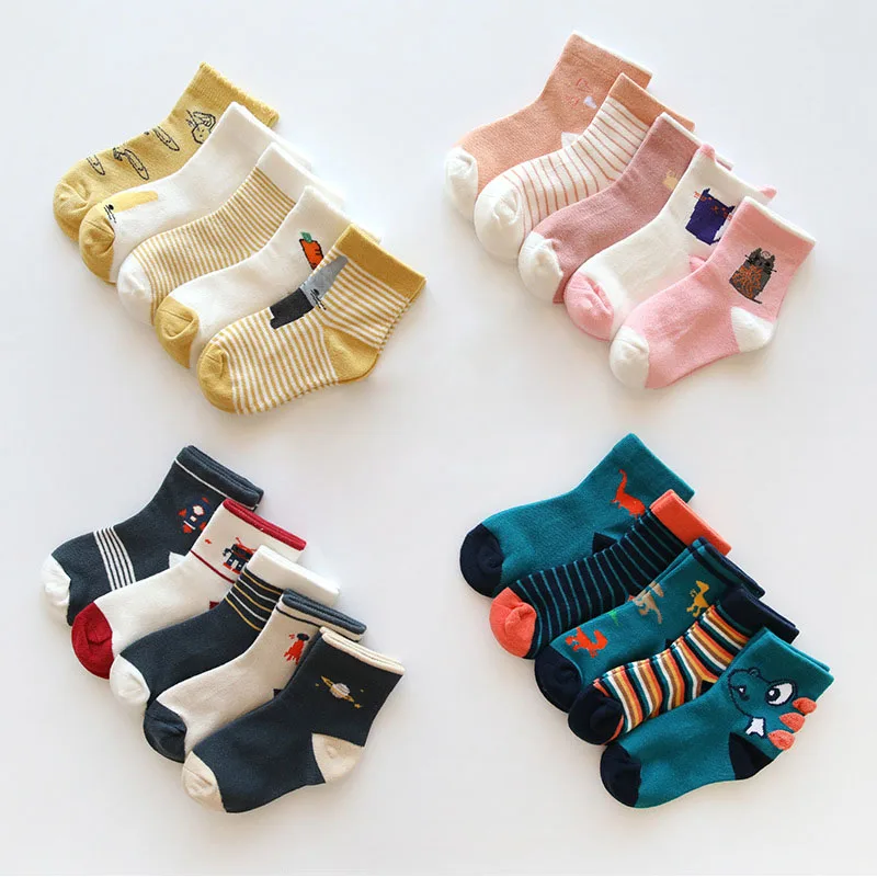 

5Pair/Lot Kids Cartoon Striped Socks 7 8 Children Soft Cotton Infant Seamless Non-slip Toddler Girl Winter Stripes Sock For Boys