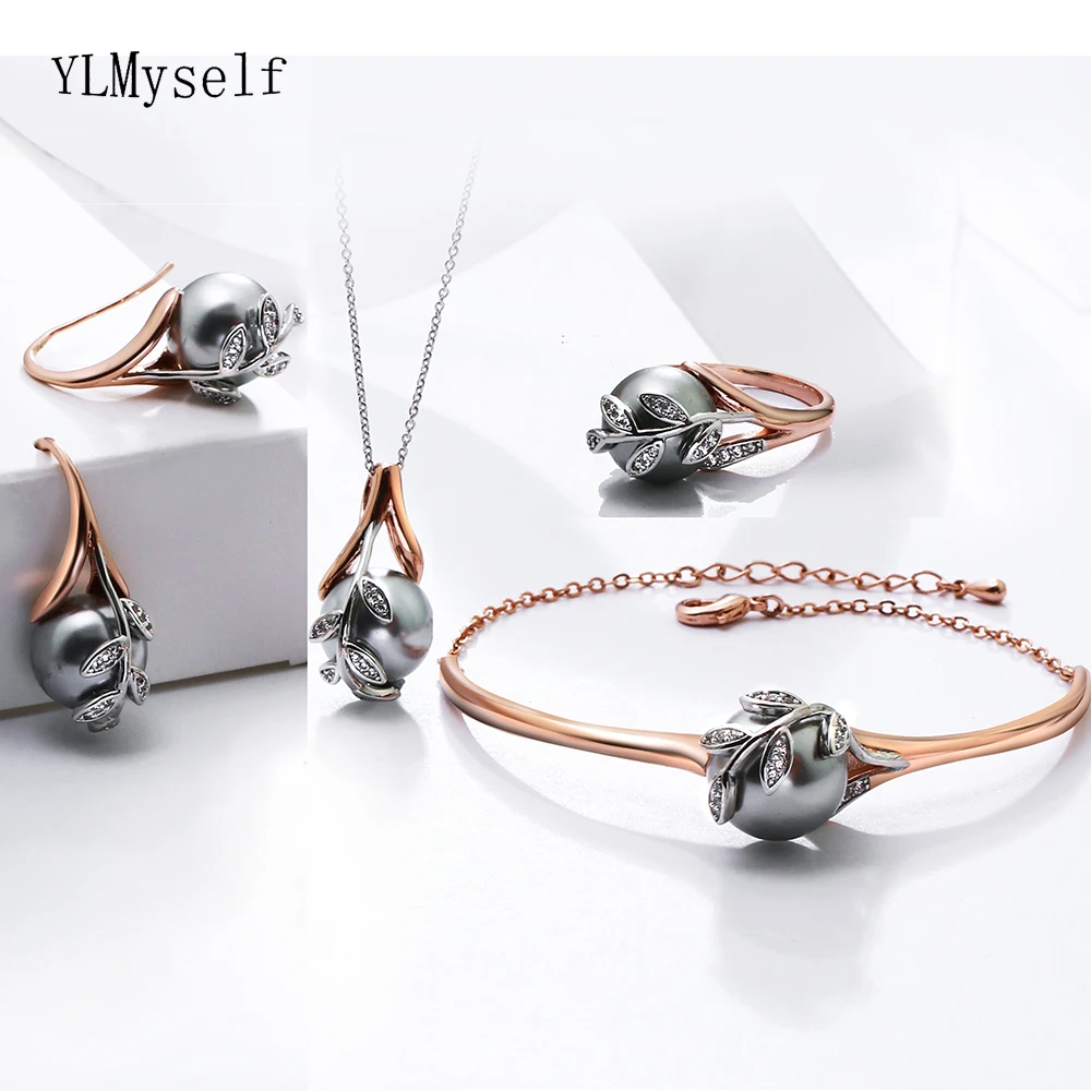 Gran descuento venta colgante collar brazalete pendientes anillo mejor regalo para mamá oro rosa gris perla de moda de 4 piezas conjunto de joyas - 2