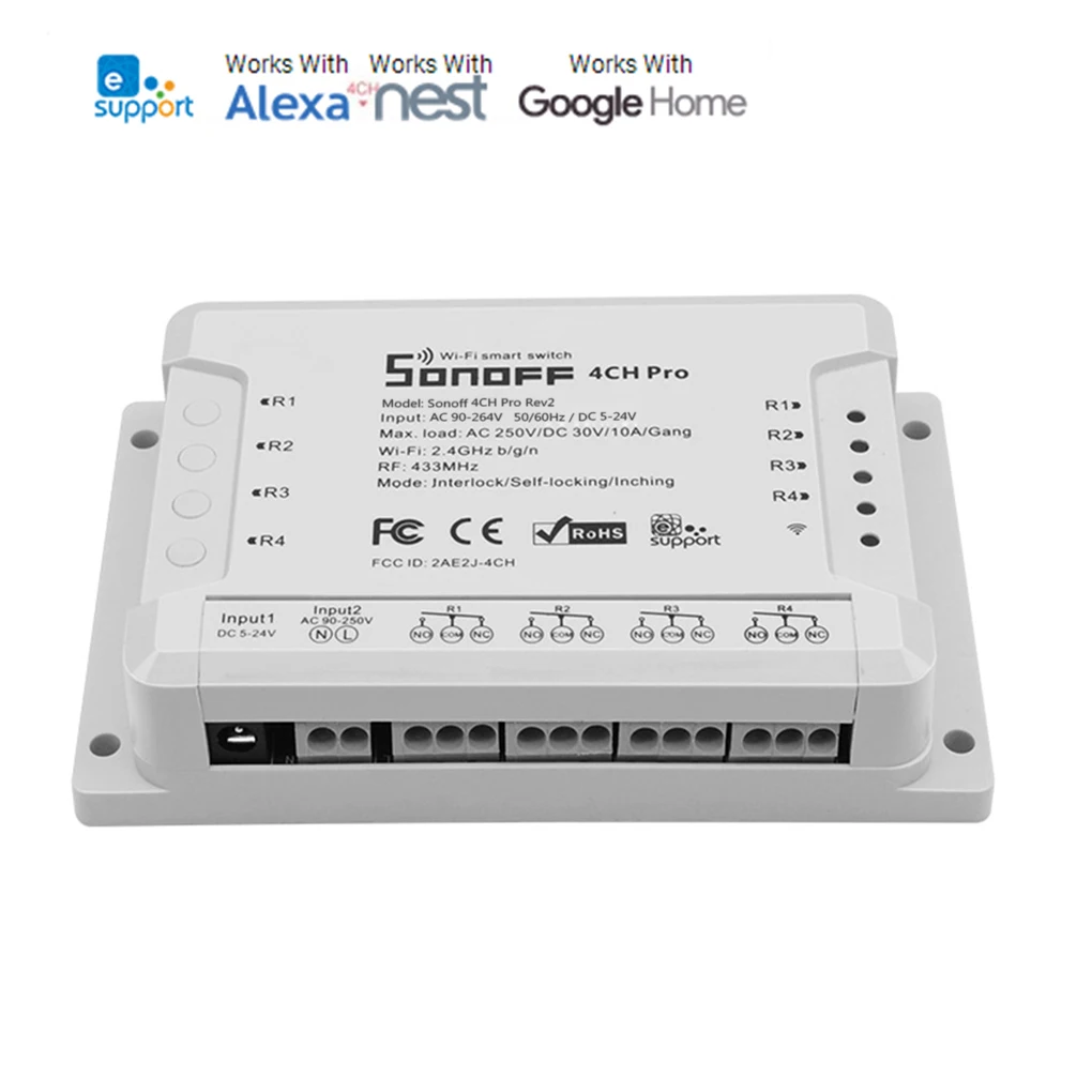 

Sonoff 4CH Pro R2 Smart Switch 4 Channels 433MHz 2.4G Wifi Remote Control Smart Switch for Home Appliances
