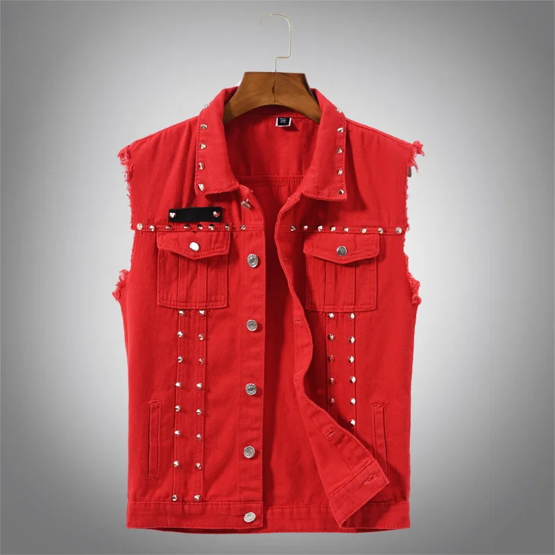 

Jeans Vest Waistcoats Mens Red Vests Korean Rivet Cool Denim Vest Motoycycle Bikers Tops Plus Size M-5XL Spring and Summer