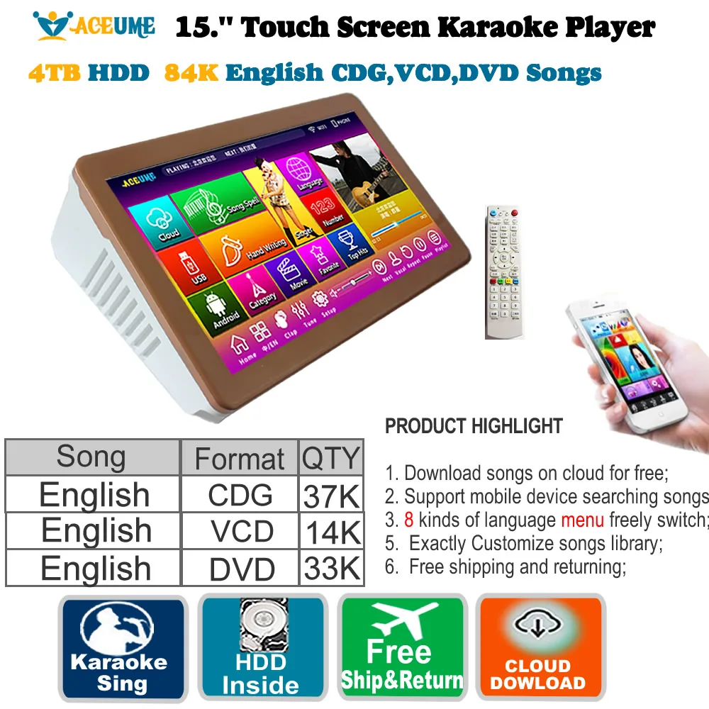 4 ТБ HDD 84 K английский CDG VCD DVD песня сенсорный экран караоке плеер 15 '' рабочий