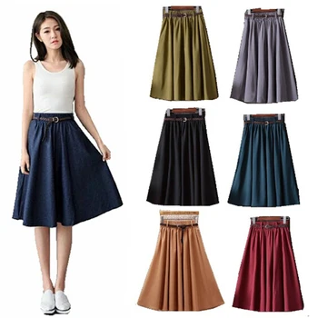 

Summer Fashion Korean Ladies High Waist Pleated A-line School Skirt Knee Length Skirt Women With Belt Skirt Female