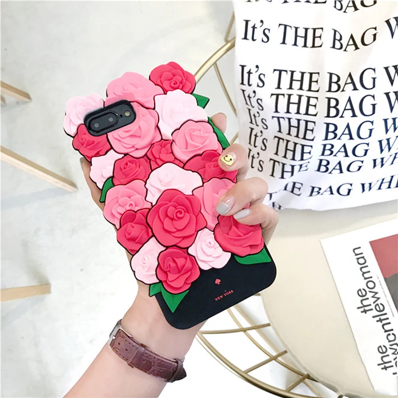 

Romantic Gift 3d Rose Flower Soft Silicon Phone Back Cover Case for iPhone X 8 7 7plus 6 6s 6 Plus Coque Famous Brand