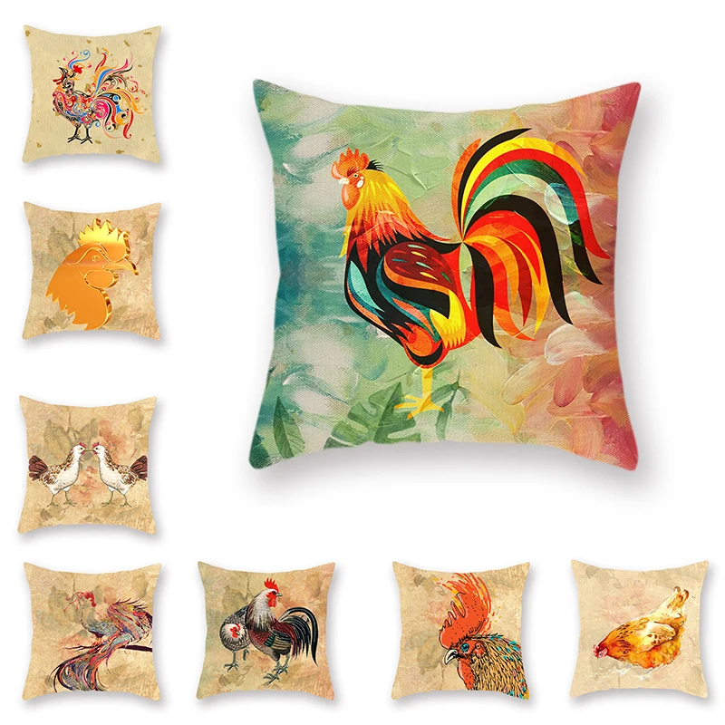 

American Country Retro Double-sided Printing Polyester Pillowcase Watercolor Chicken Series Pattern Cushion Cover Sofadecoration