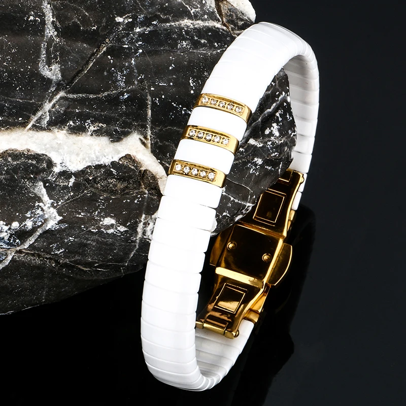 Charm bracelet ceramic stainless steel crystal rhinestone gold