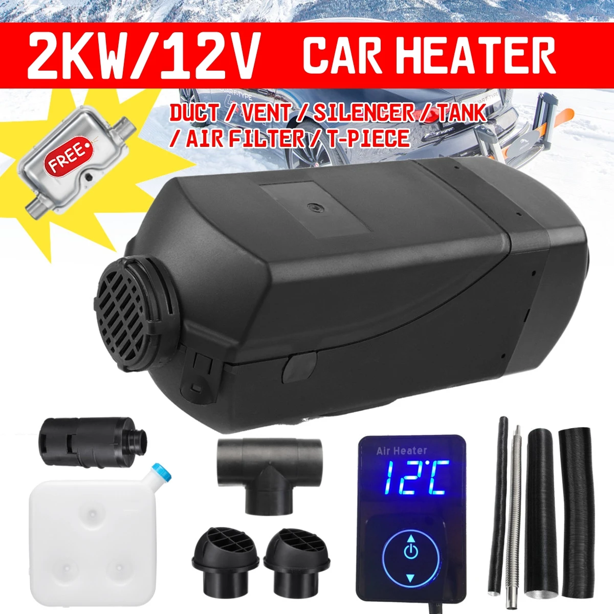 HCalory 2KW 12 فولت سيارة الوقود سخان وقوف السيارات أدفأ شحن كاتم الصوت كيت الرقمية مقبض التخييم السفر التزلج القيادة المنزل شاحنة متنقل