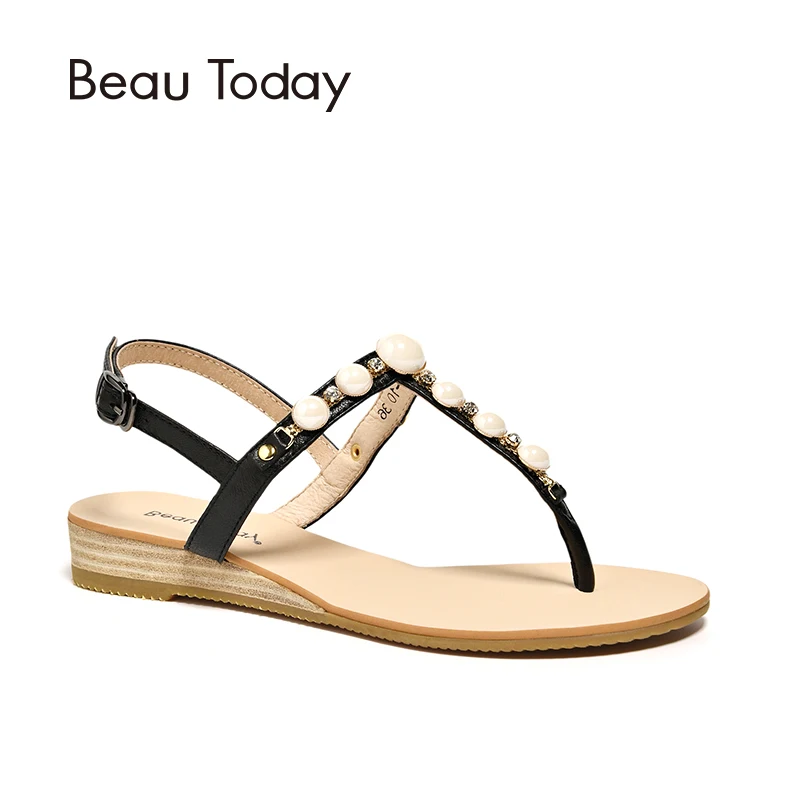 

BeauToday Women Summer Sandals Genuine Leather Sheepskin T-Strap String Bead Decoration Top Quality Ladies Flat Shoes 32061