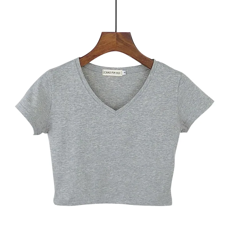 Летняя Повседневная Корейская однотонная короткая женская футболка с v-образным вырезом, футболка с коротким рукавом, хлопковая тонкая женская рубашка с высокой талией, camiseta mujer - Цвет: Серый