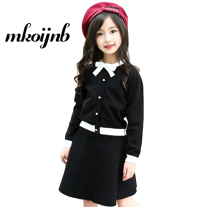 

Girls Sweater Sets Kids School Suit Spring Autumn Children Clothing Bow Sweater Coat+Skirt 2PCS 4 6 8 10 12 Years Girls Clothes