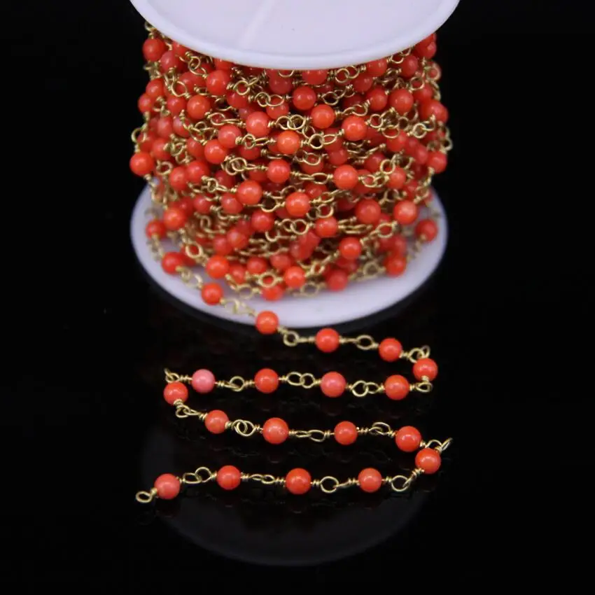 4mm,Natural Coral Brass Wire Wrapped Chains,Smooth Round Bead Link