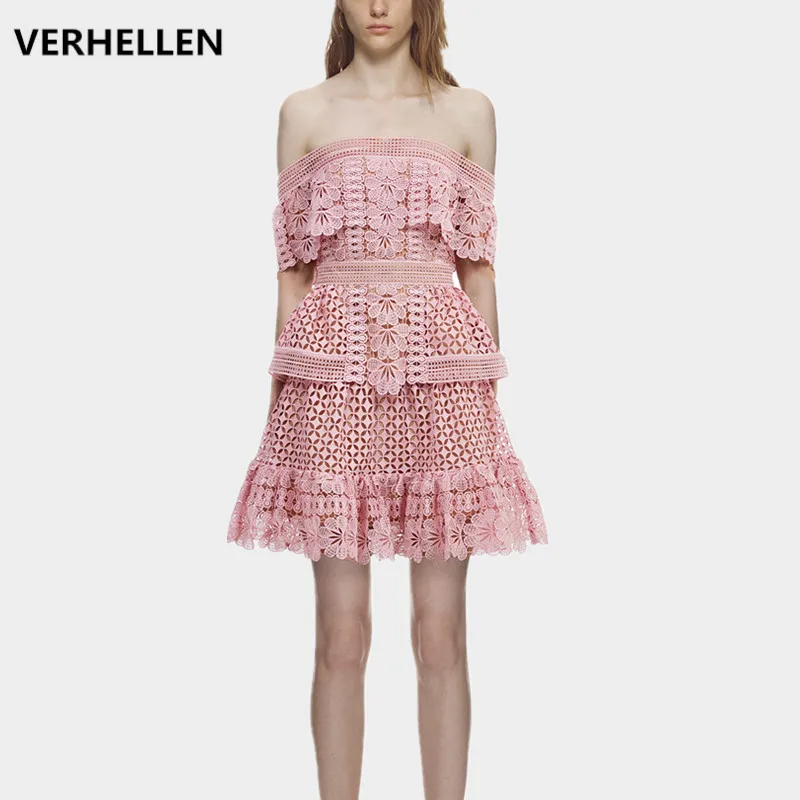 

VERHELLEN High Quality Runway Self Portrait Dress 2019 Summer Women's Off Shoulder Floral Hollow Out Sweet Pink Lace Mini Dress
