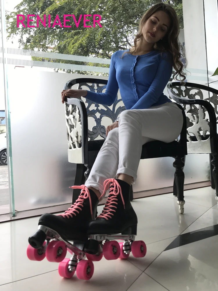 Двухрядные коньки, 4-х колесный каток для взрослых, на металлической подошве, черная обувь, розовые колеса, уличные роликовые коньки