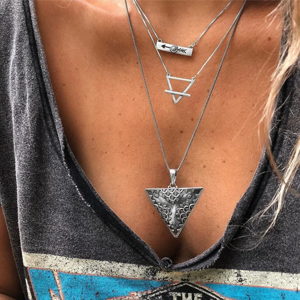Bohemia Ethnic Handmade Triangle Long Necklaces for Women Vintage Gypsy Mutli-layers Pendants Sweater Chain Choker |