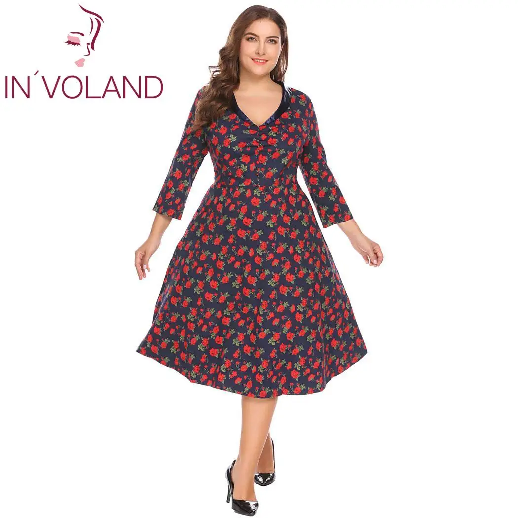 

IN'VOLAND Floral Vintage Dress Women Plus Size Sexy V-Neck 3/4 Sleeve Large Size Swing Party Dress 2018 Autumn Oversized