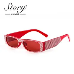 История Винтаж прямоугольник солнцезащитные очки со стразами Для женщин Брендовая Дизайнерская обувь небольшая рамка алмаз
