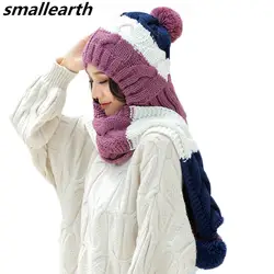 Зимние вязаные наборы шапка с шарфом для женщин толстые зимние теплые женские шапочки шапки с капюшоном помпоном шарф воротник обувь