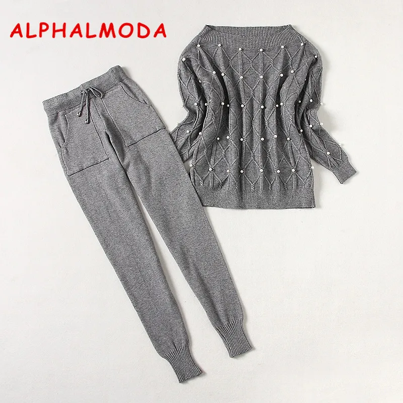 ALPHALMODA 2018 зимний женский новый свитер с бисером + брюки 2 шт. повседневные костюмы