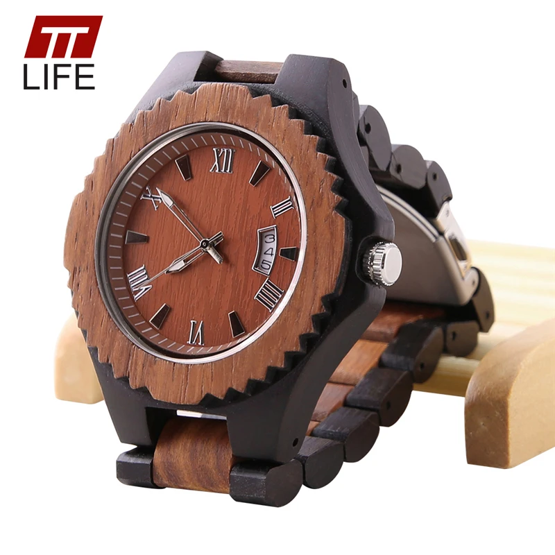 

TTLIFE Mens Bangle Wood Watches Analog Date Folding Clasp Japan Quartz Casual Wooden Wristwatch Relogio Masculino With Metal Box