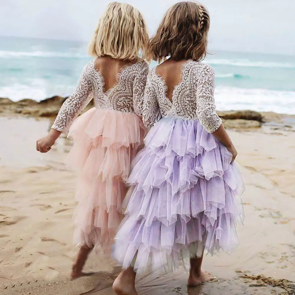 

2-6Y Lace Cake Tutu Luxuriant Girls Kids Wedding Flower Girl Dress Princess Party Pageant Dress Long Sleeve Tulle Vestidos