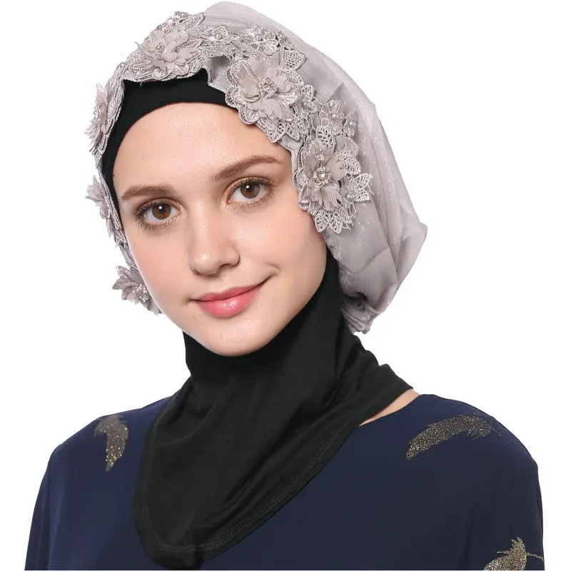 Babalet Womens' Modest Muslim Islamic Soft Breathable 3D Flower Rhinestones Lace Gold Glitter Wedding Hijab Headscarf | Тематическая