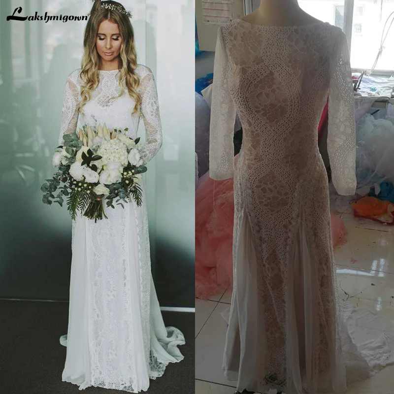 

Long Sleeve Lace Open Back Boho Wedding Dress Real Picture Bridal Gowns vestido de noiva Robe de Mariage