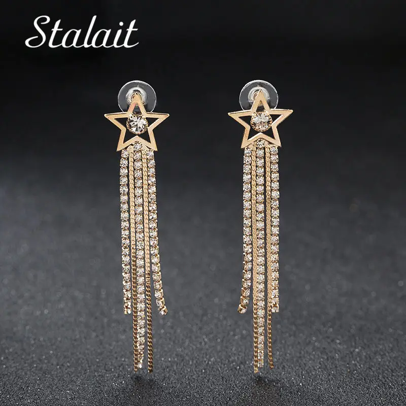 

Luxury Hollow Star Heart Tassel Full Rhinestone Earrings Geometric Horse Eye Gold Color Earrings For Women Wedding Jewelry
