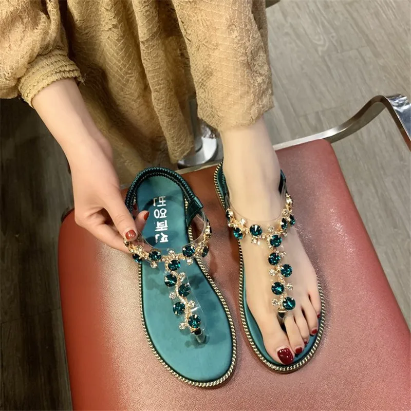 

Tangnest New Summer Thong Sandals Women Flat Slip On Solid Bling Crystal Rhinestones Chains Bohemia Casual Ladies Shoes XWZ5750