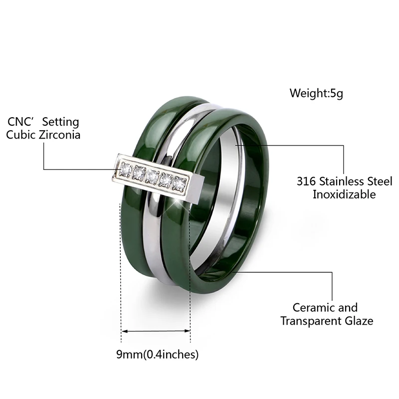 Новые трендовые керамические кольца зеленого и желтого цвета, стразы, три слоя, кольца из нержавеющей стали, никогда не выцветают, модные ювелирные изделия